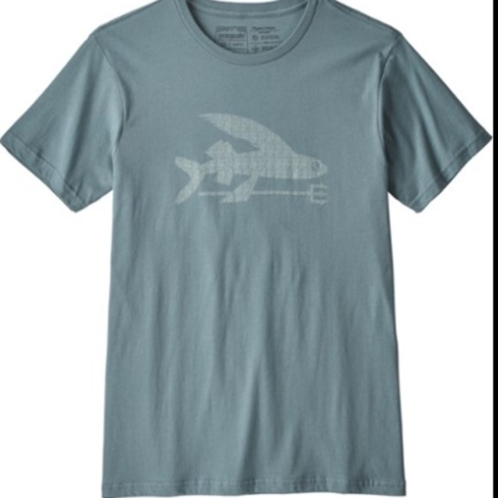 Patagonia Flying Fish Organic T-Shirt Size Large Slim Fit Dusty Blue